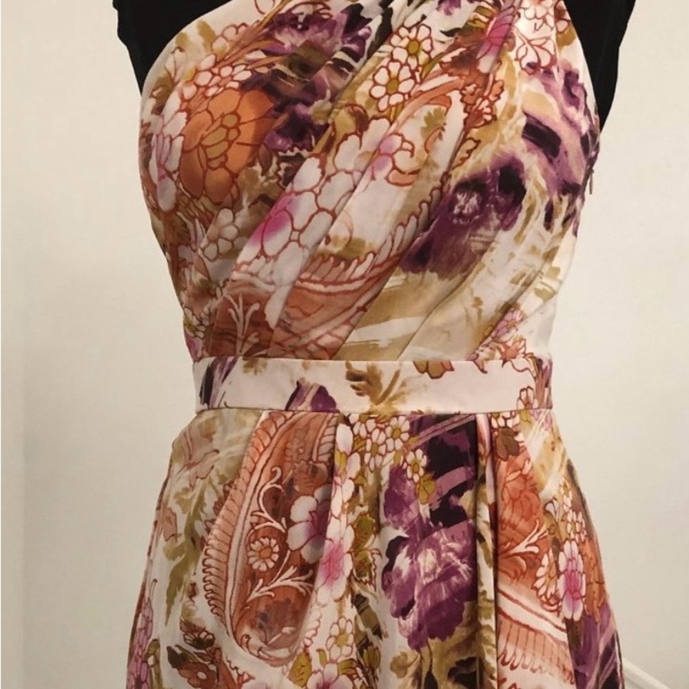 Badgley Mischka Silk One Shoulder Floral Dress - Purple and Pink